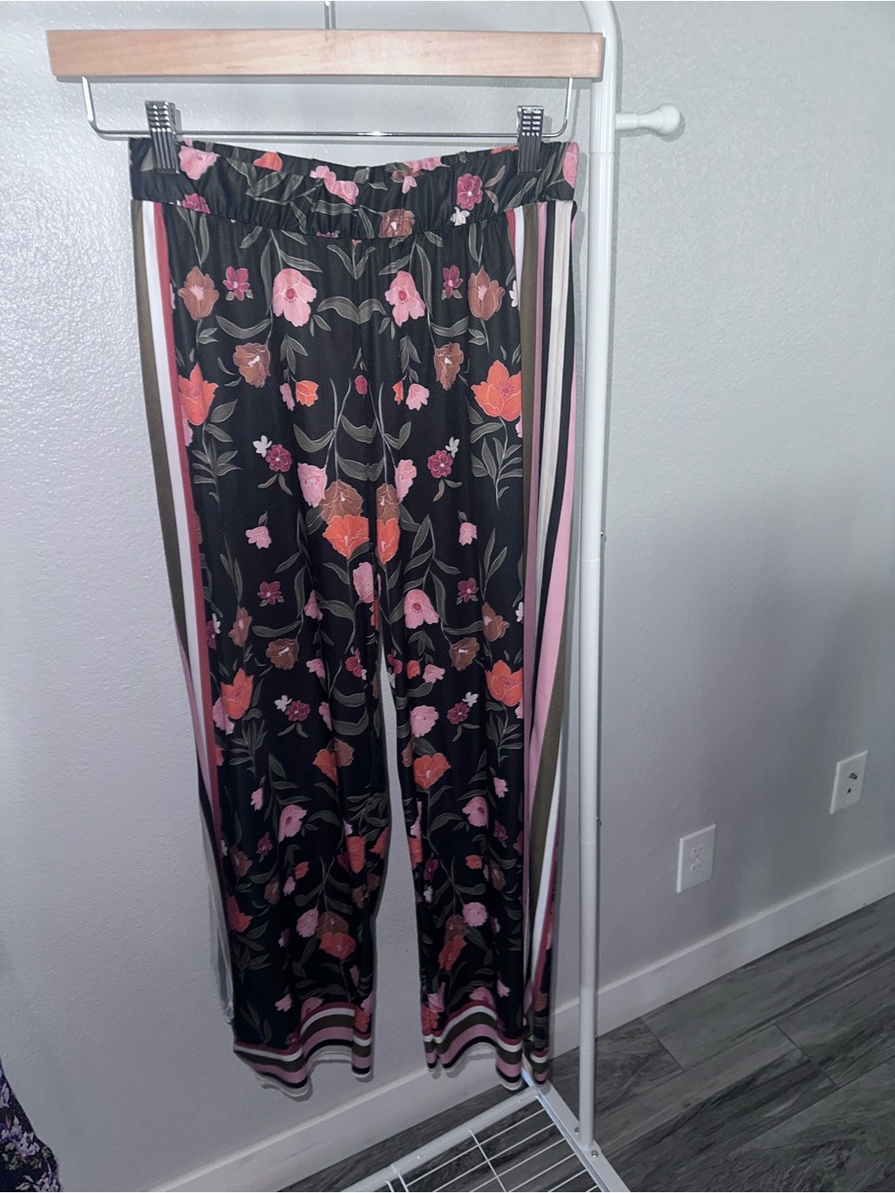 Zara Black Wide-Leg Floral Pants with Pink & Orange Blooms